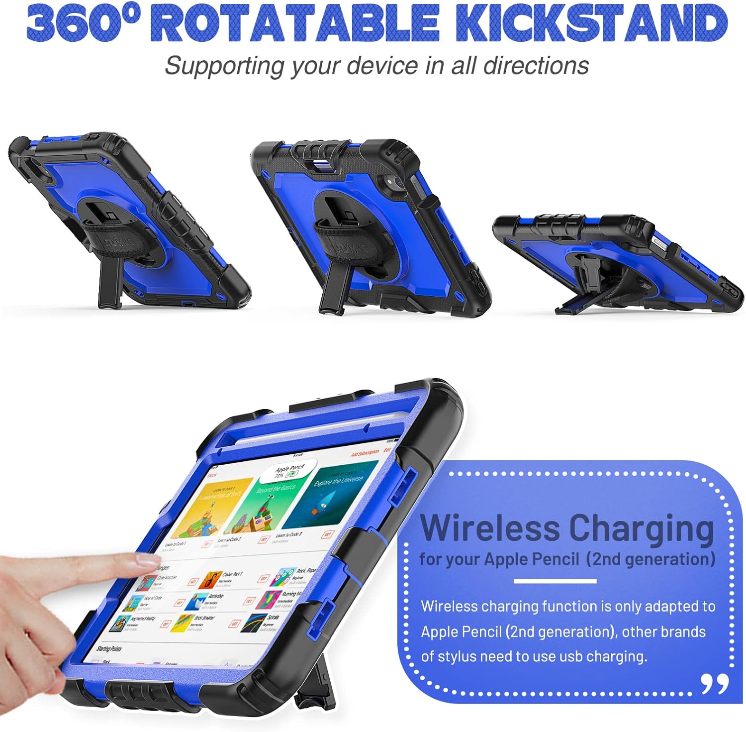 SEYMAC stock Funda para iPad Mini 6 de 8.3 pulgadas 2021 con protector de pantalla para lápiz correa de mano giratoria 360 y soporte, funda a prueba