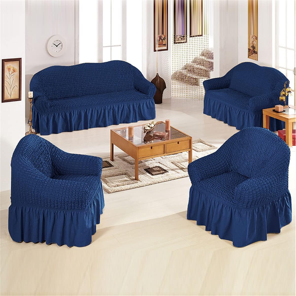 Funda elástica para sofá, funda protectora de muebles lavable, con parte inferior elástica y falda para niños y mascotas (azul, extragrande)