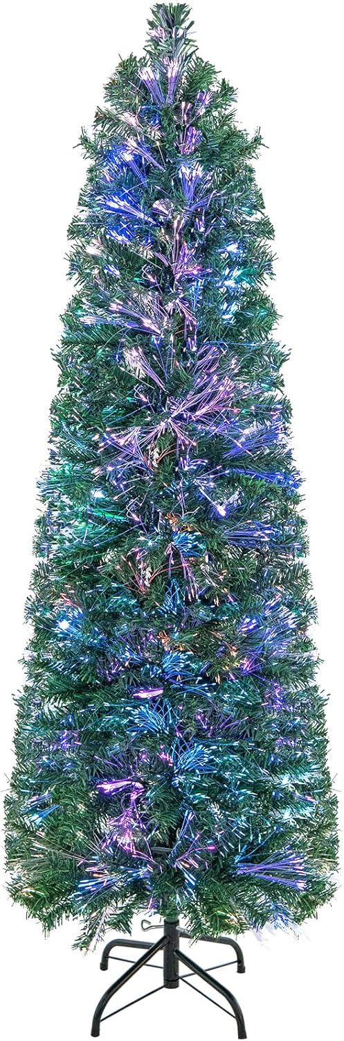 Goplus Árbol de Navidad de lápiz de fibra óptica de 5 pies, árbol de Navidad artificial delgado preiluminado con luces de colores, 361 puntas de