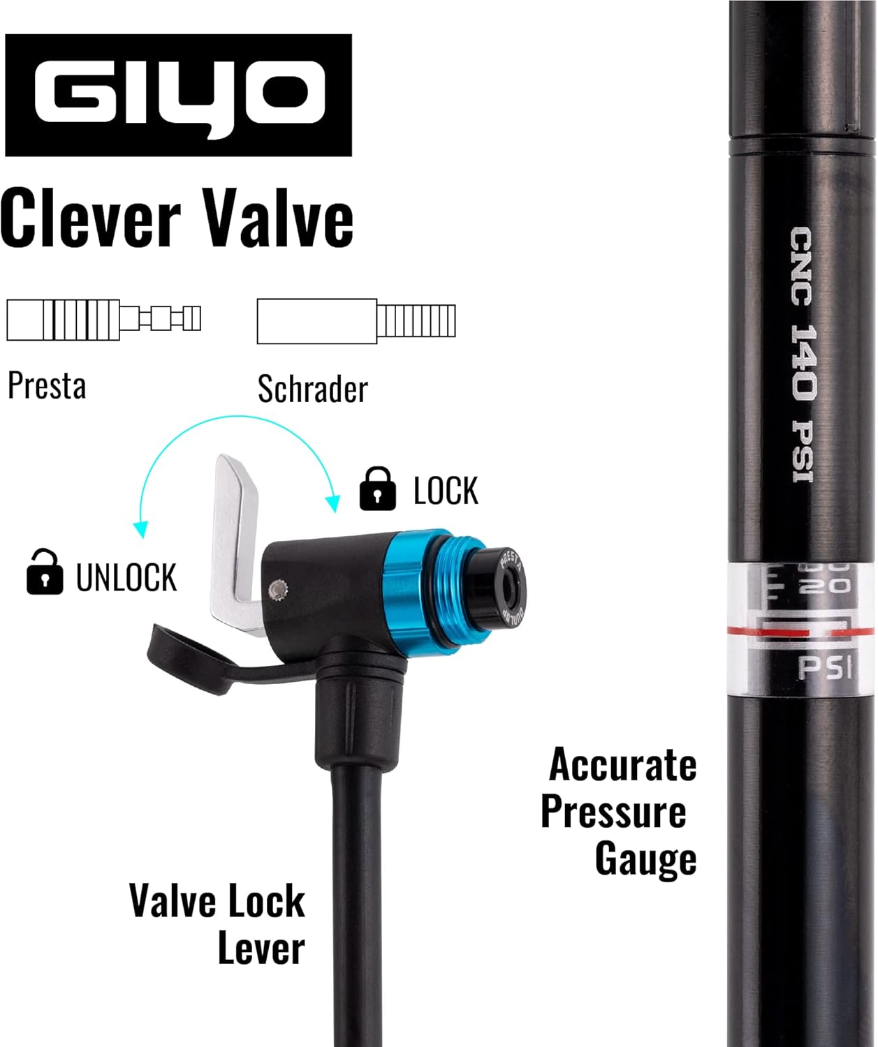 GIYO GM741 – Bomba de bicicleta de alta precisión con medidor  Bomba de piso portátil, duradera y ligera para bicicletas de montaña y carretera, 140