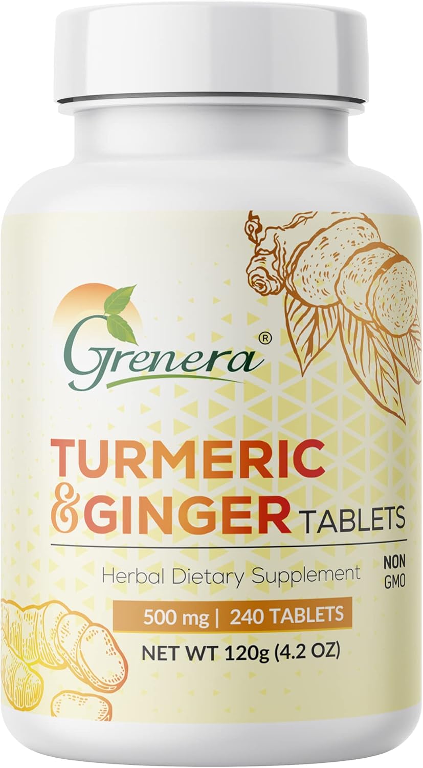 Grenera Tabletas de jengibre de cúrcuma 240 tabletasbotella  Hecho con cúrcuma, raíz de jengibre y pimienta negra  500 mg por tableta  Sin