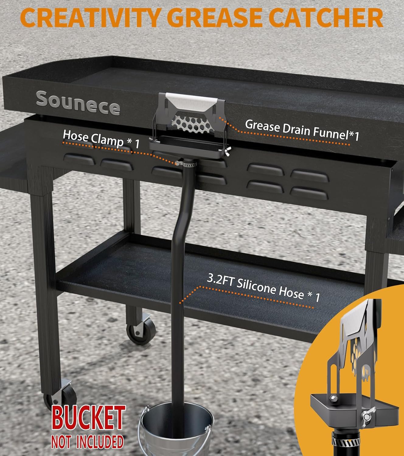 Embudo de drenaje de grasa trasero para Blackstone Grease Catcher, accesorios de plancha Blackstone de calidad, puerta de grasa incorporada, altura