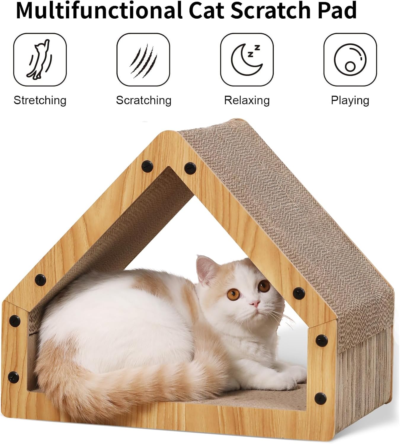 FUKUMARU Casa rascador para gatos, diseño de cartón acogedor, seguro y seguro para gatitos, ecológico, superficie biselada de 16.14 pulgadas,