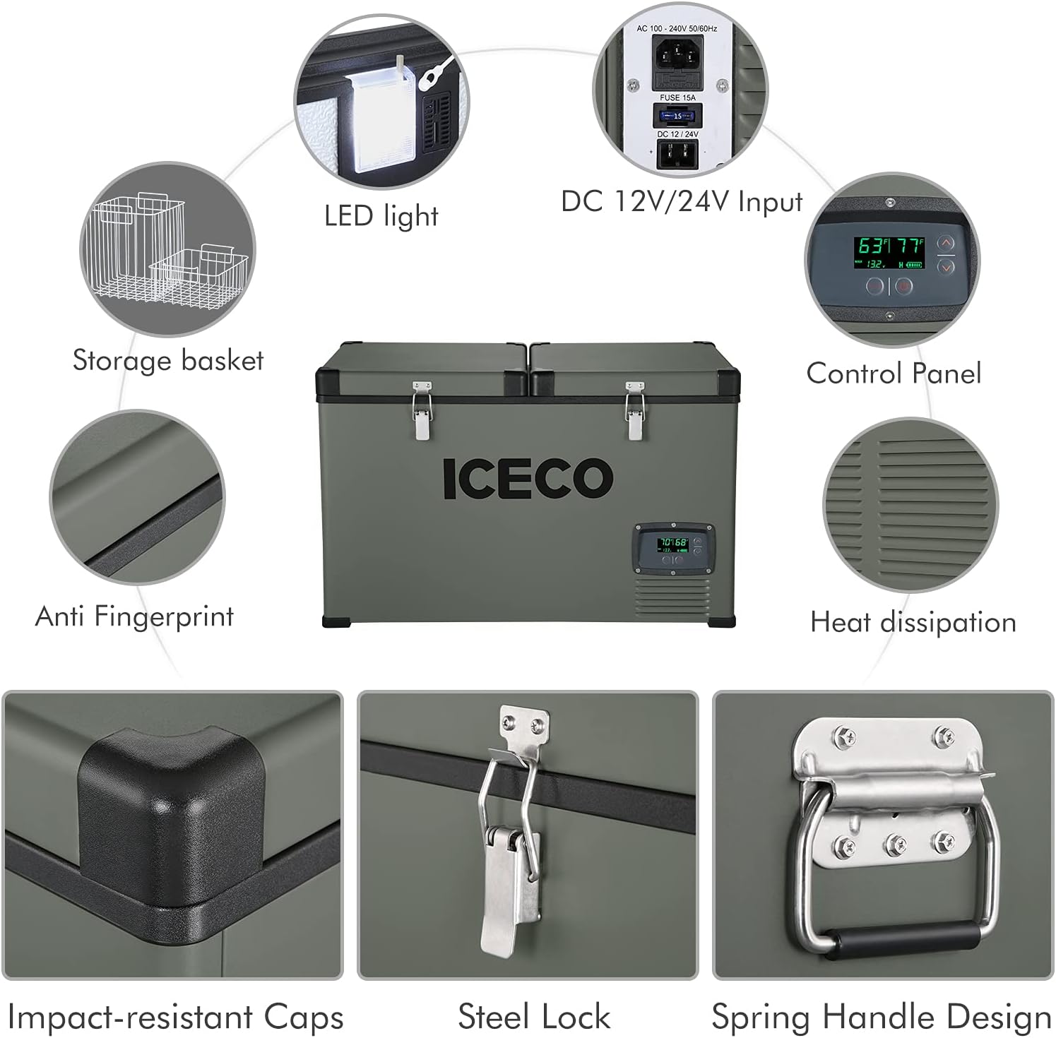 ICECO Refrigerador portátil de 68.6 cuartos de galón de control independiente de doble zona con compresor SECOP, CA 110 VCC 12 V congelador para