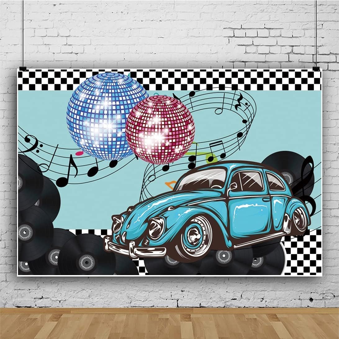 Renaiss Telón de fondo de 1950 y 1950, 7 x 5 pies, bolas de discoteca, vinilos para automóvil vintage de regreso a la fotografía de los años 50,