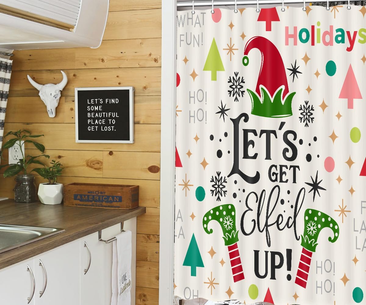Cortina de ducha con árbol de Navidad, bosque de invierno, lindo diseño de dibujos animados, copos de nieve, para baño, naranja y negro, inicia