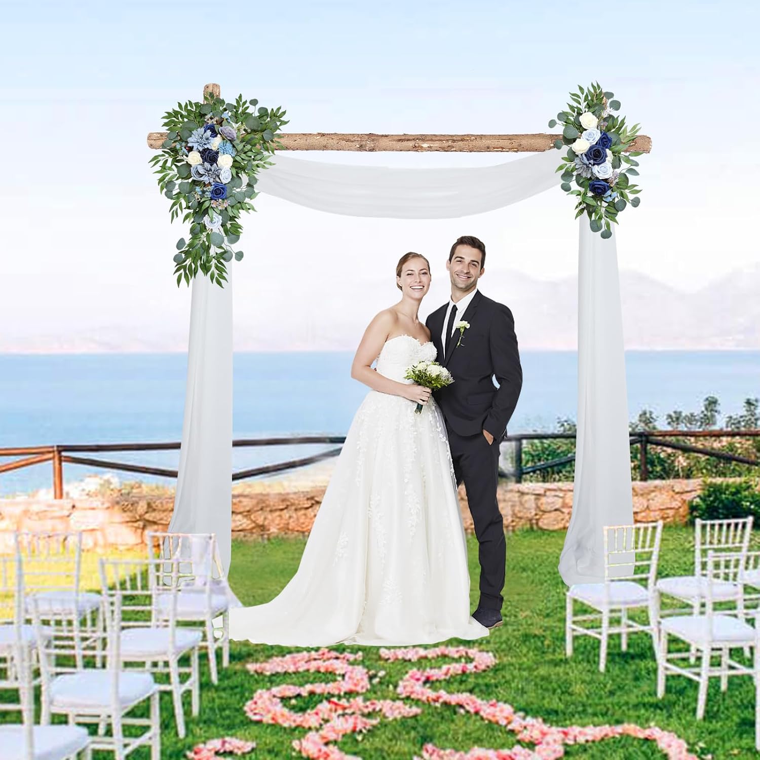 BEAYFILY Kit de flores artificiales para arco de boda, guirnalda de tela de gasa blanca para boda, decoración de boda para ceremonia, telón de fondo