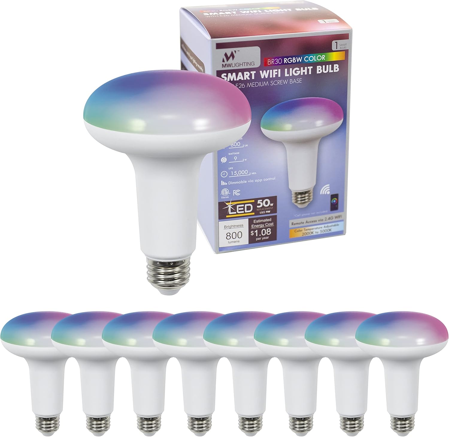 mw Lighting BR30 – Bombilla inteligente funciona con Wi-Fi RGBW que cambia de color, bombillas LED compatibles con Alexa y Google Home Assistant,