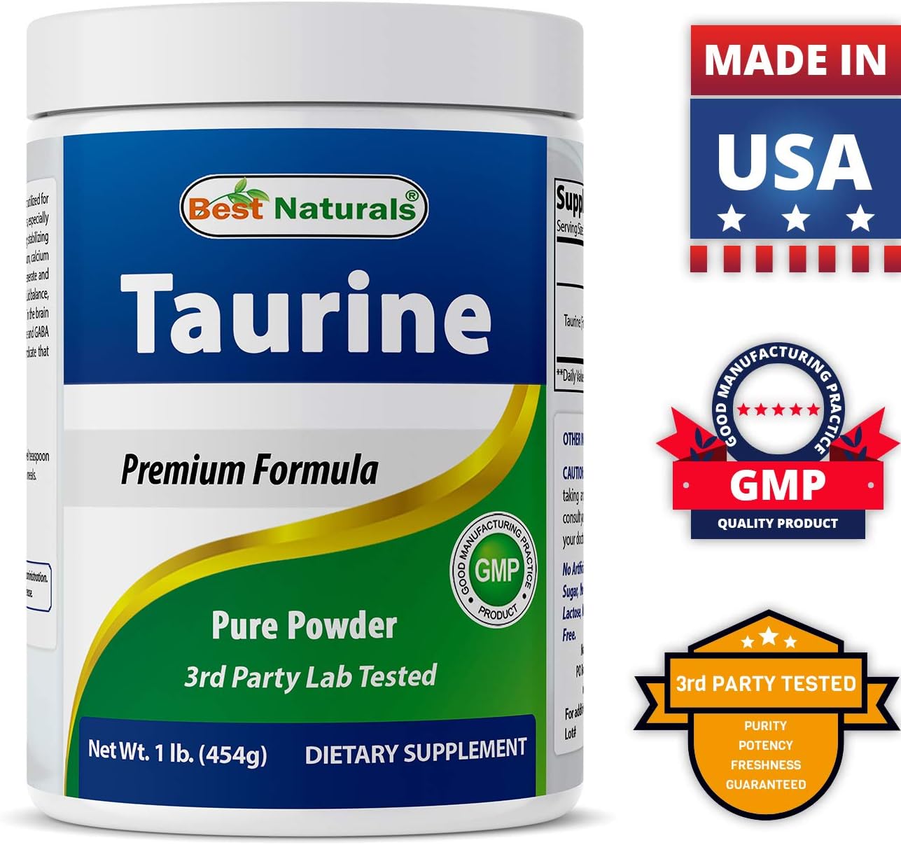 Best Naturals Forma libre de polvo de taurina 100% pura, taurina, 1000 mg por porción, 1 libra (454 gm) (1 libra (paquete de 3))