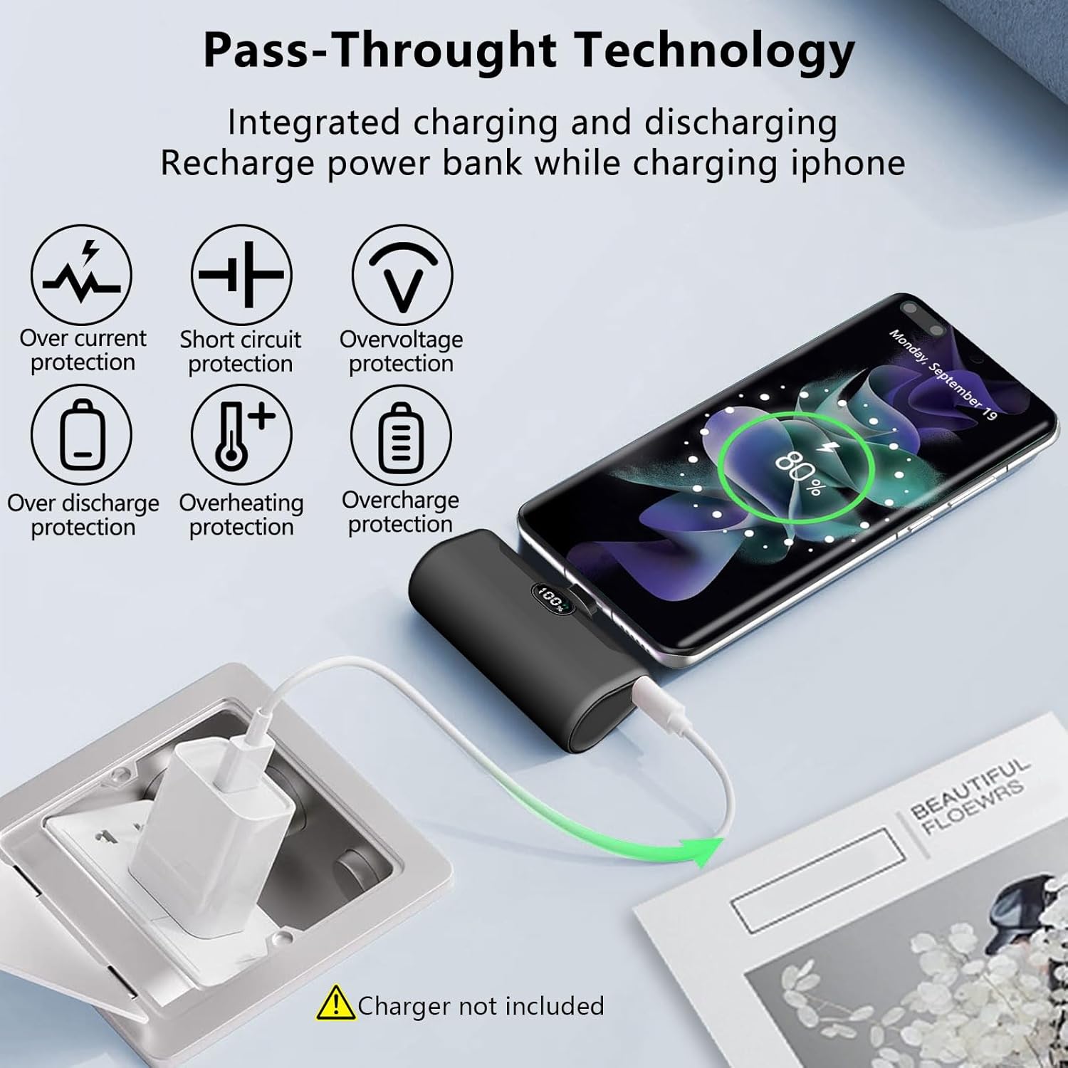 Cargador portátil pequeño USB C, 5000 mAh, ultra compacto, mini banco de energía integrado, soporte para teléfono y luz LED, pantalla LCD PD15W