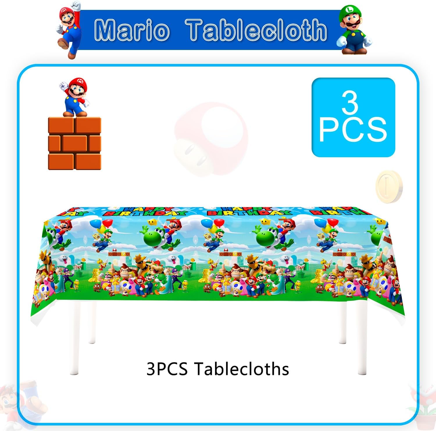Fruitful Jewelry Suministros para fiestas de cumpleaños de Super Mario, mantel de Super Mario, 3 piezas de Mario Bros – 42.5 x 70.8 pulgadas, para