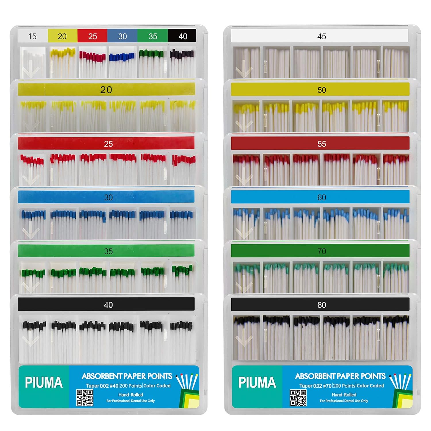 200 puntos de papel absorbente Piuma de grado dental #60 de varios tamaños  Tapper para endodoncia endodóntica dental, estéril, tamaños mixtos