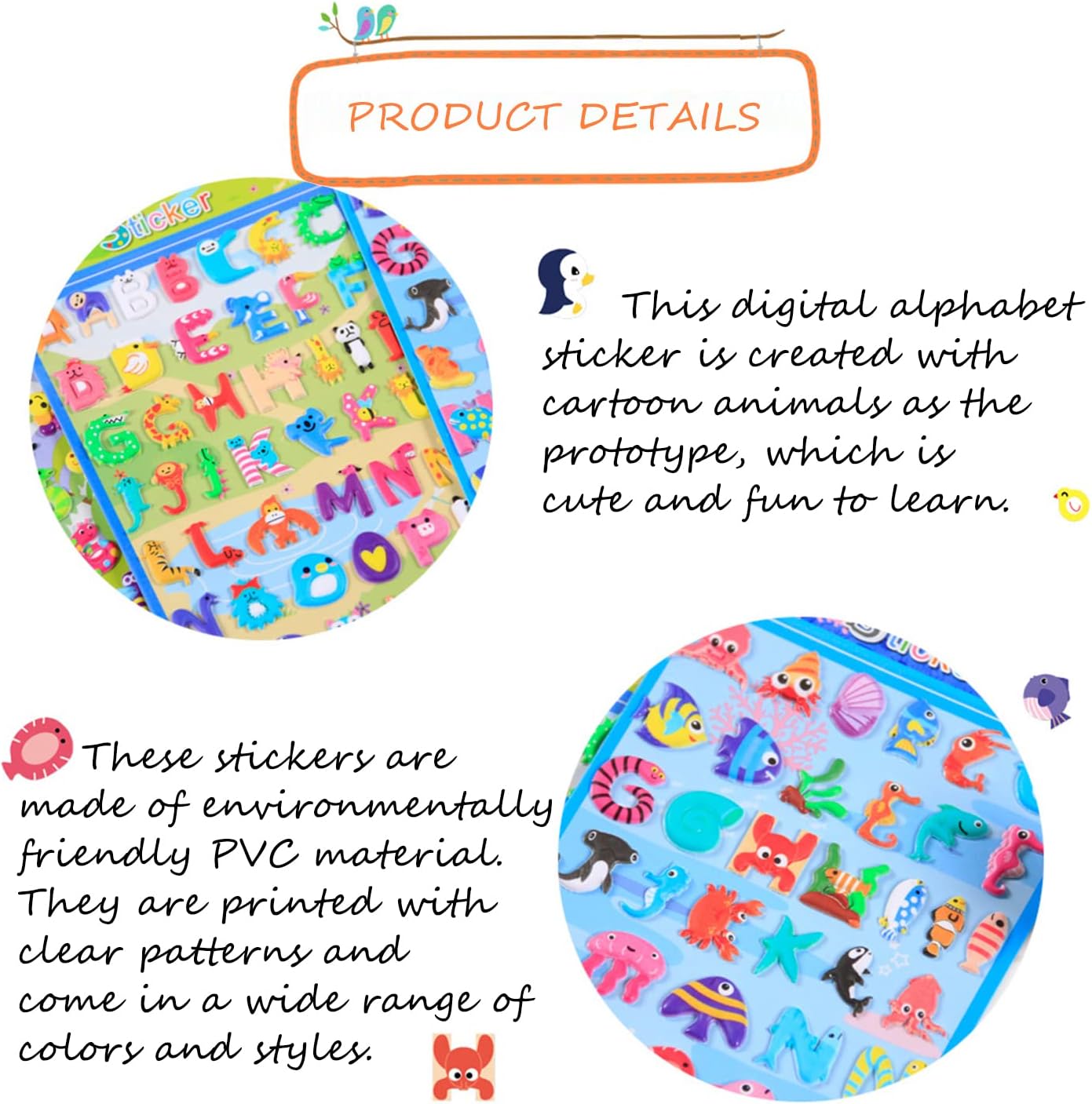 10 calcomanías 3D de animales hinchados, CNYMANY 640+ letras con números de vida marina para niños pequeños, niños, bolsas de golosinas, suministros