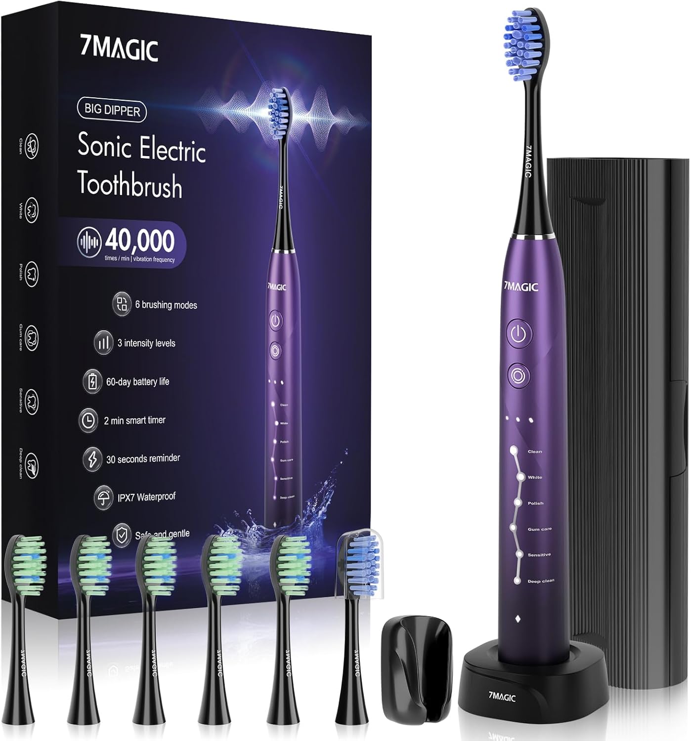 Cepillo de dientes eléctrico para adultos, cepillo de dientes sónico con 6 modos y 3 intensidades, cepillo de dientes de limpieza profunda de 40000