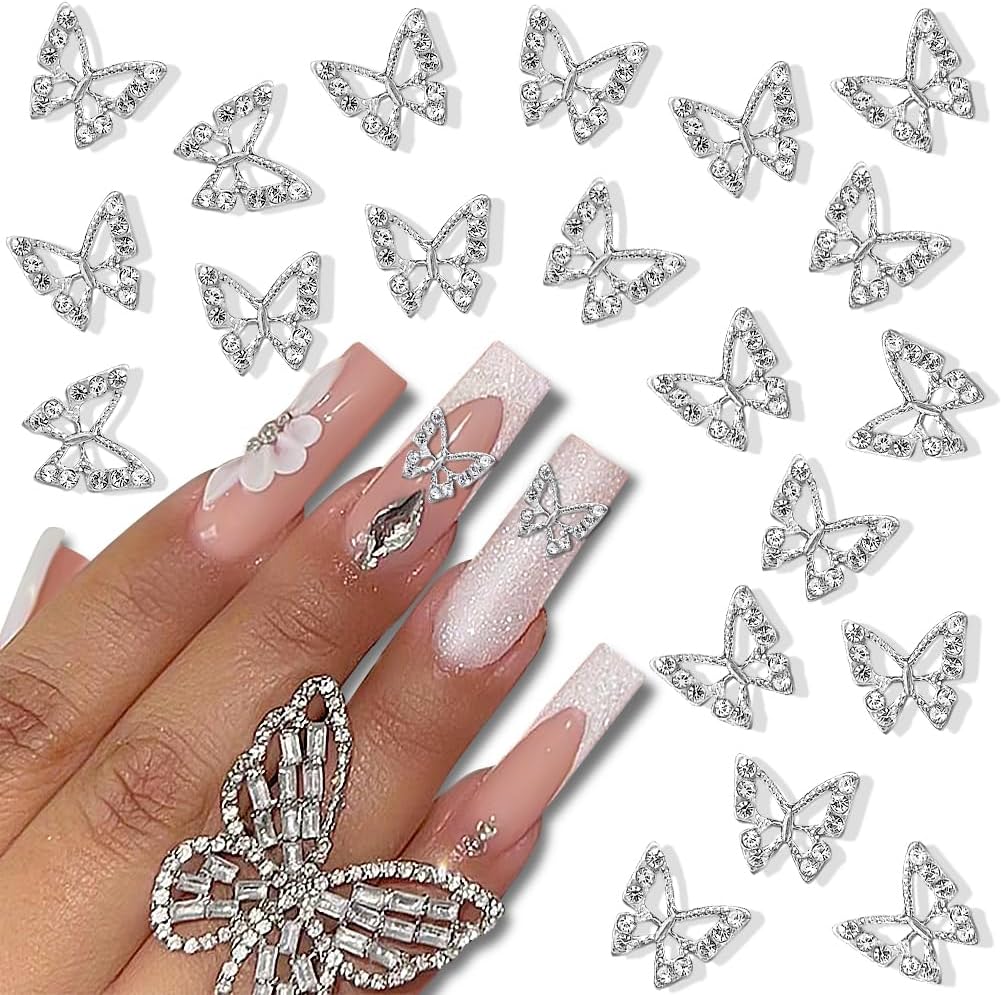20 dijes de aleación de mariposa para uñas, gemas de mariposa de metal 3D, diamantes de imitación de uñas de cristal brillante para uñas acrílicas,