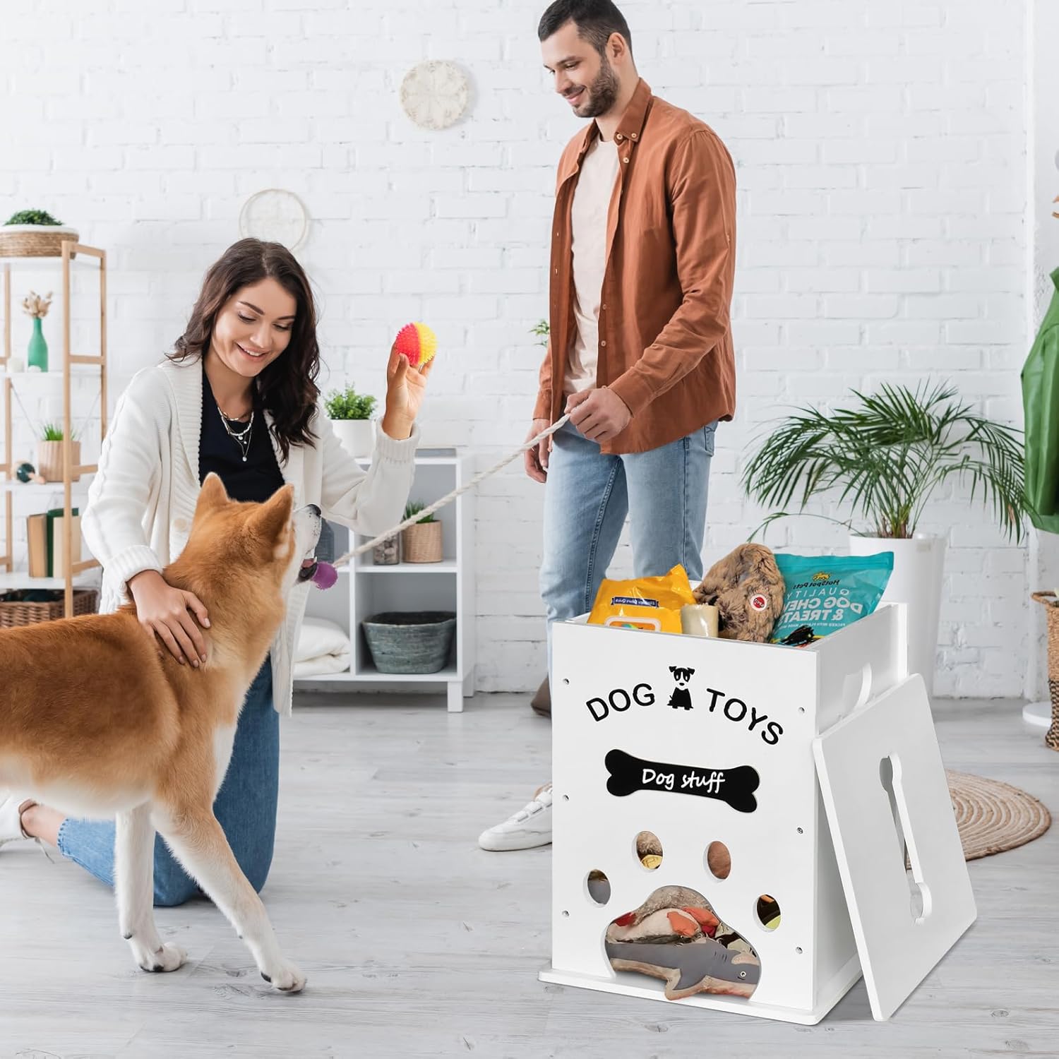 Cesta de juguetes para perros, almacenamiento de alimentos para perros y gatos, organizador de cosas grandes de madera para perros con mango hueco,