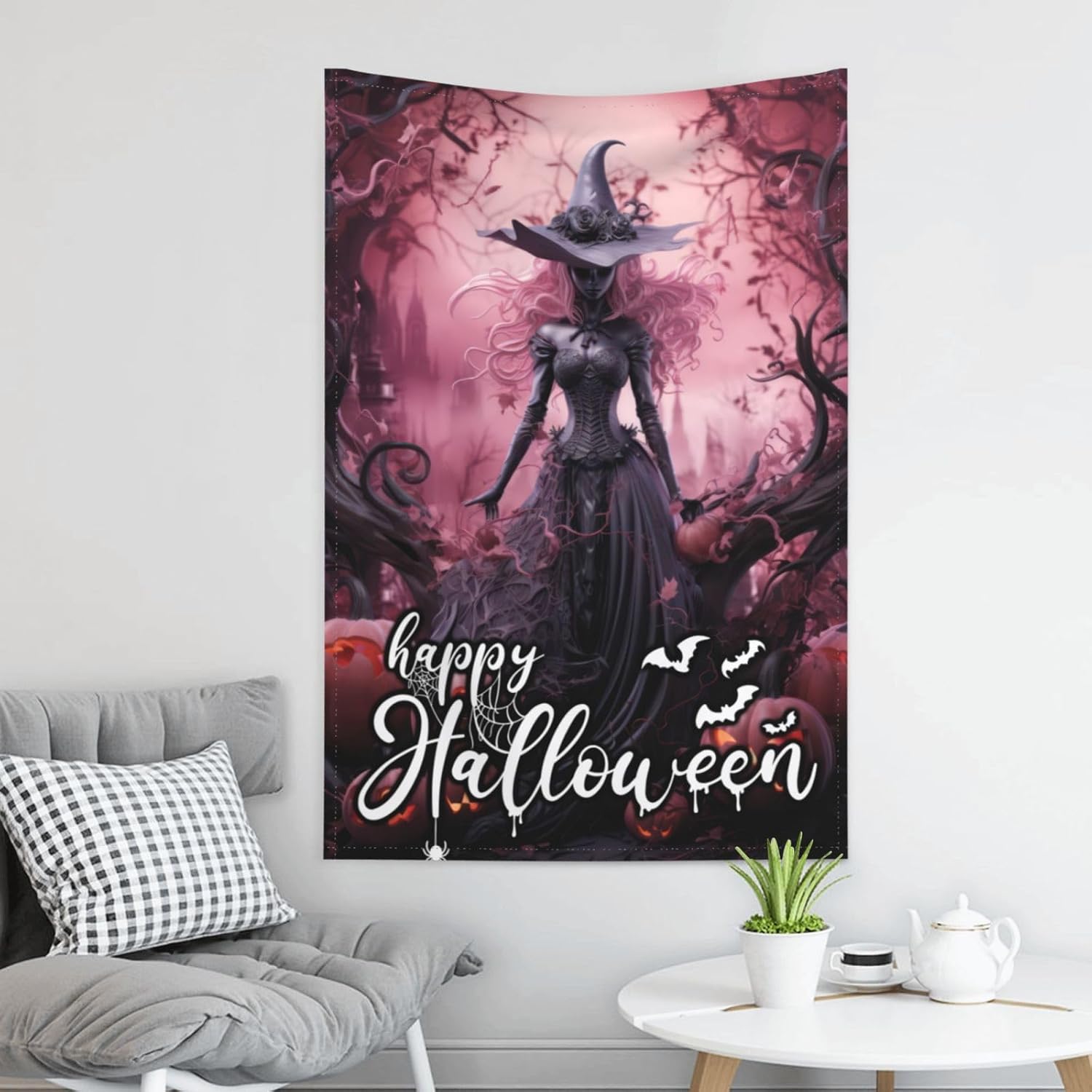 Tapiz decorativo de pared de Halloween, de 80 x 60 pulgadas, de color rosa, castillo de Halloween, decoración para colgar en la pared, tapiz