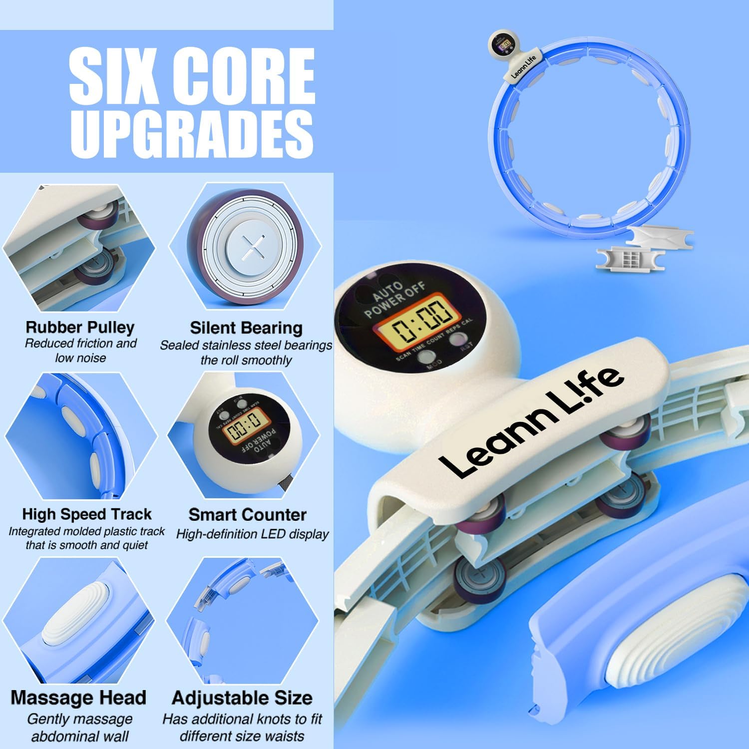 Leann L!fe U5-16 Knots Waist 28- 46, Silent Smart Weighted Hula Hoop for Adults Weight Loss, Infinity Hoop Plus Size, Home Outdoors Fitness