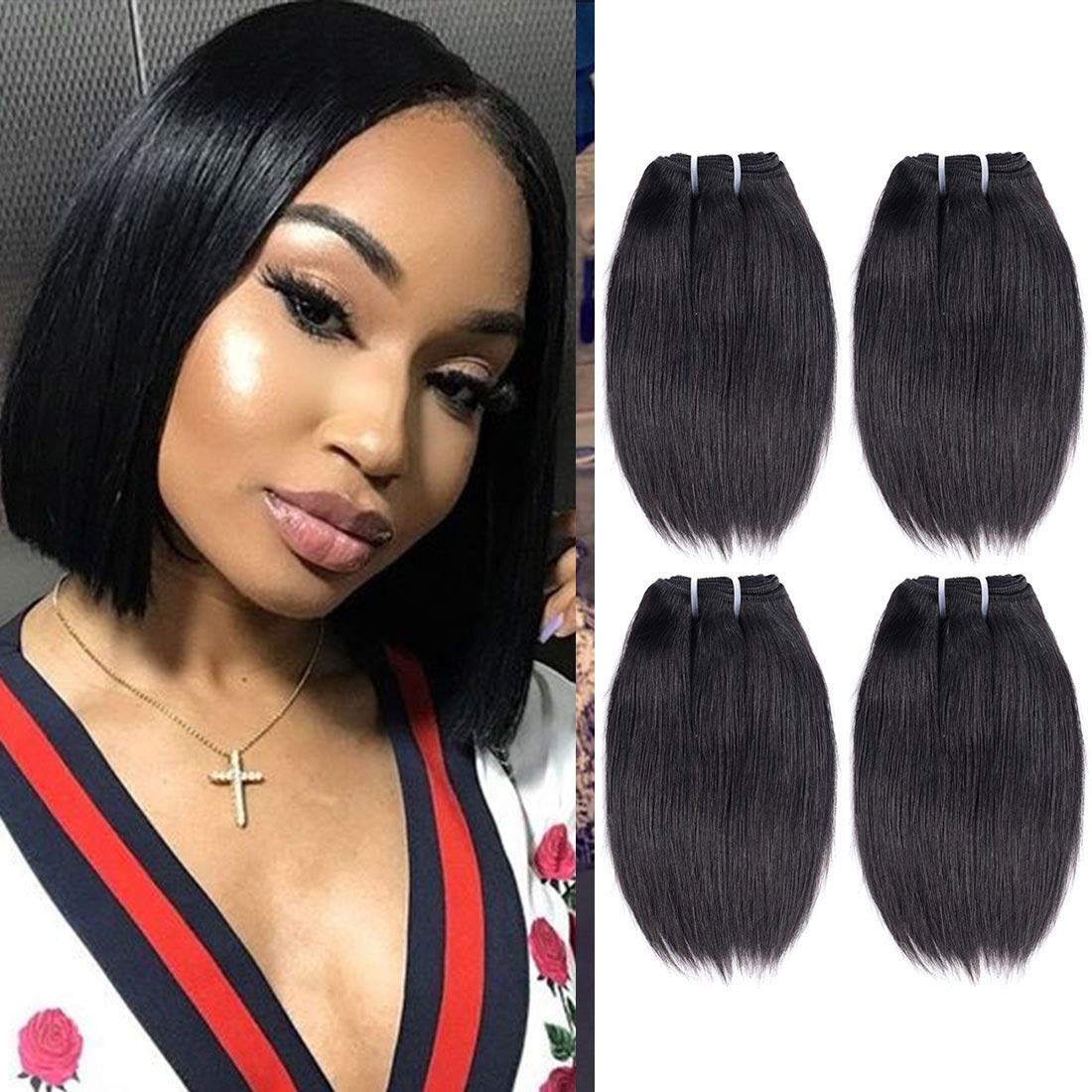 Liang Dian Manojos de cabello humano corto de 8 pulgadas, color natural, 4 manojos de cabello virgen brasileño 12A, paquetes de cabello humano lacio