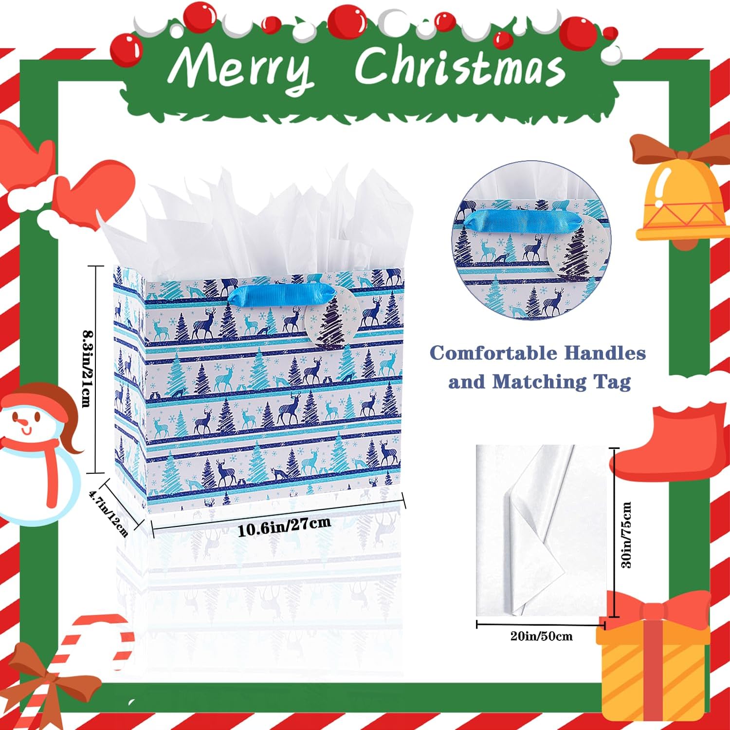Elephant-package Paquete de 18 bolsas de papel de regalo de Navidad con papel de seda a granel, bolsas de regalo de Navidad medianas con diseños