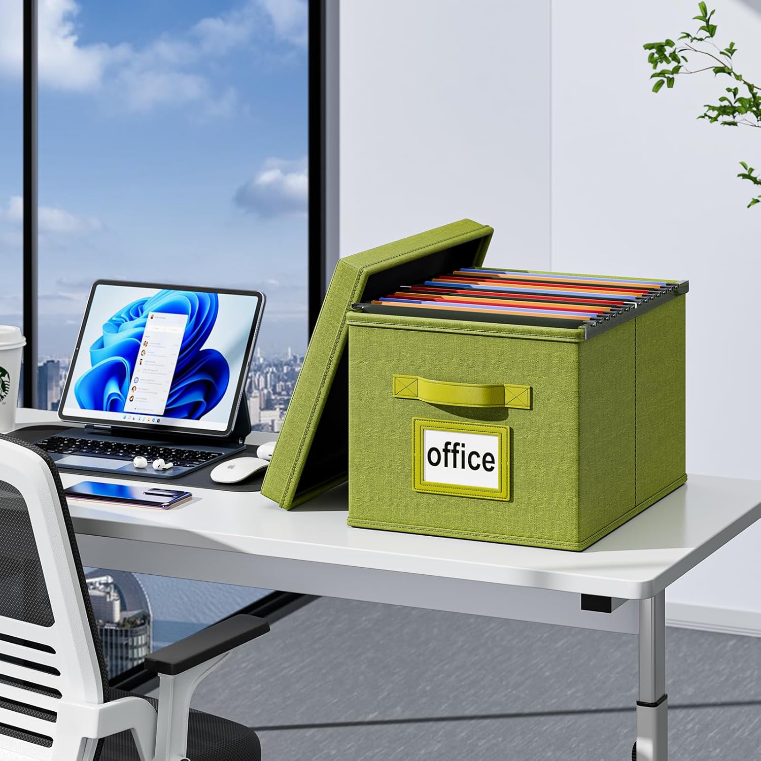 Huolewa Caja organizadora de archivos mejorada con tapa, caja de archivos decorativa con asa, organizador de archivos colgante de lino para