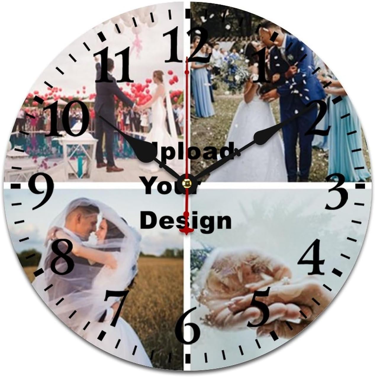 Reloj de pared de madera personalizado de 16 pulgadas, silencioso, sin tictac, imágenes personalizadas, reloj colgante conmemorativo para boda,