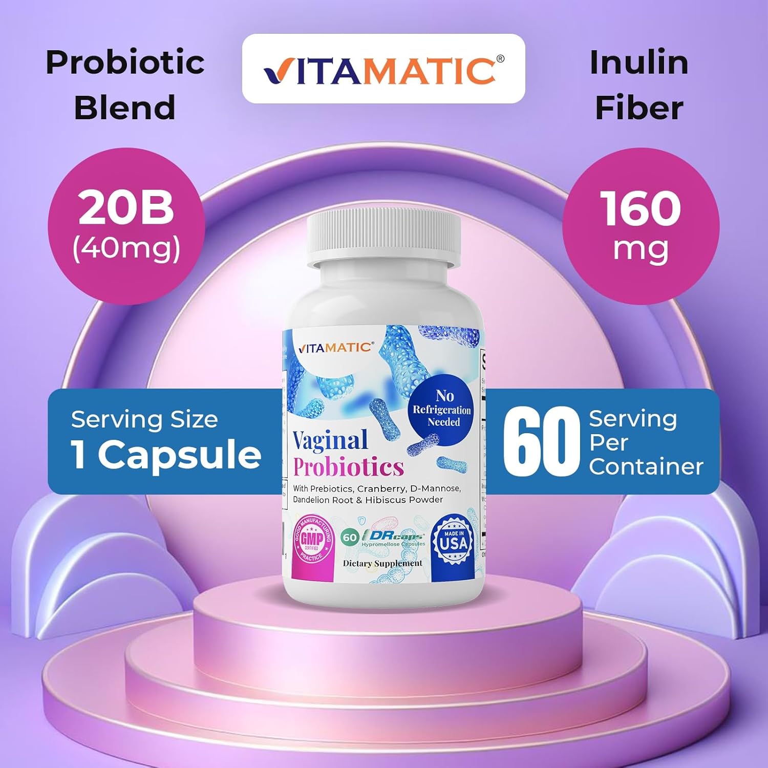 Vitamatic Probióticos vaginales 20 mil millones para mujeres, equilibrio de pH y control de olores con prebióticos y probióticos, 60 cápsulas DR,