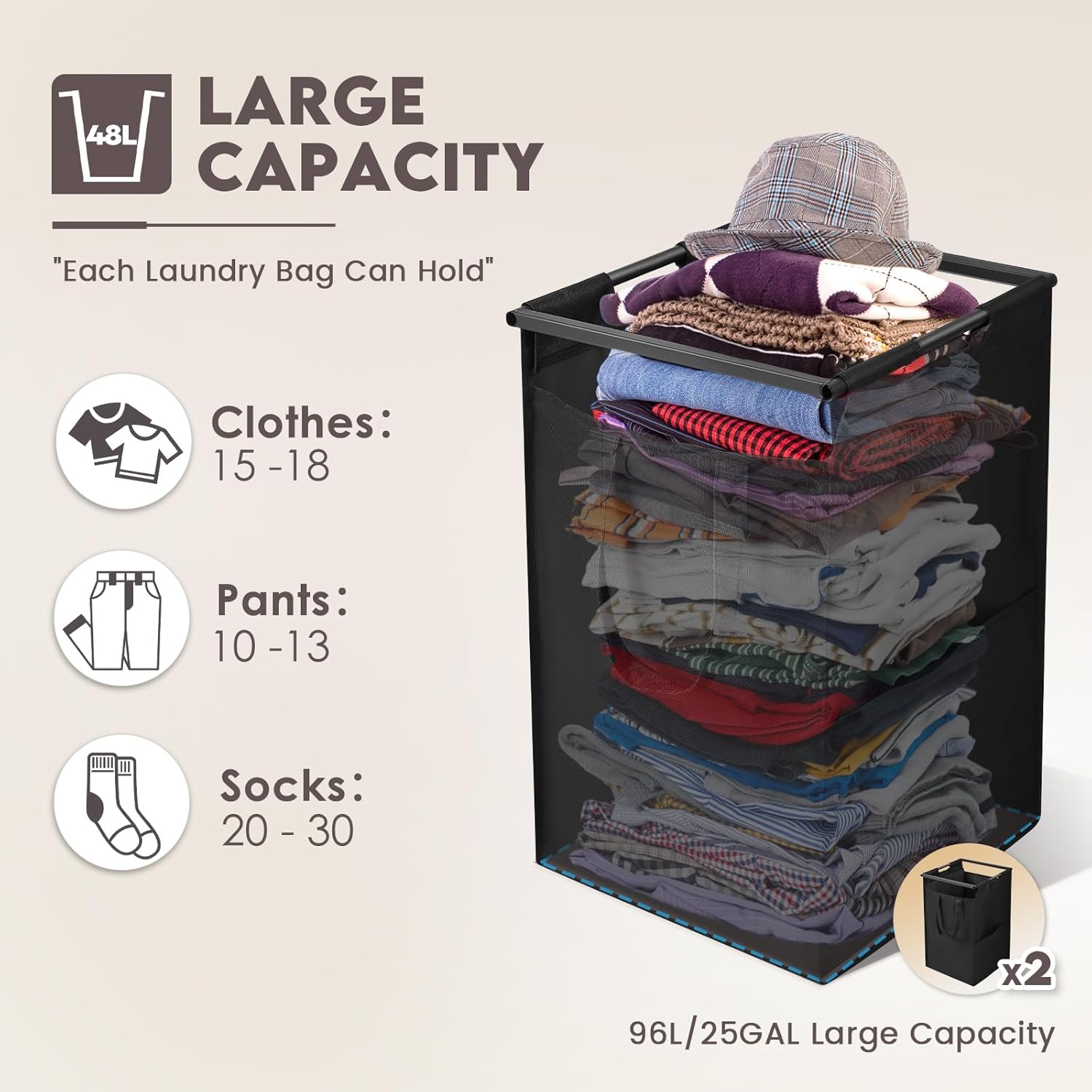 Cesta de lavandería de 2 x 12.7 galones (96 L) con escritorio, clasificador de ropa sucia de 2 secciones con bolsas de lavandería extraíbles,