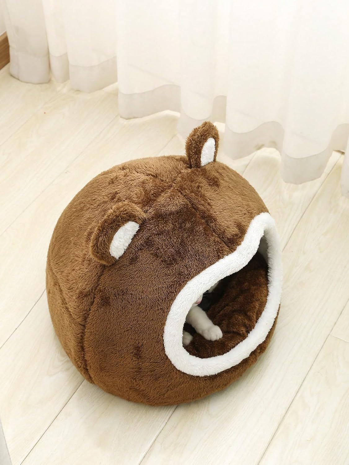 QWINEE Cama para gatos con forma de oso para interiores con cojín extraíble, tienda de campaña de felpa para mascotas, diseño de orejas de dibujos