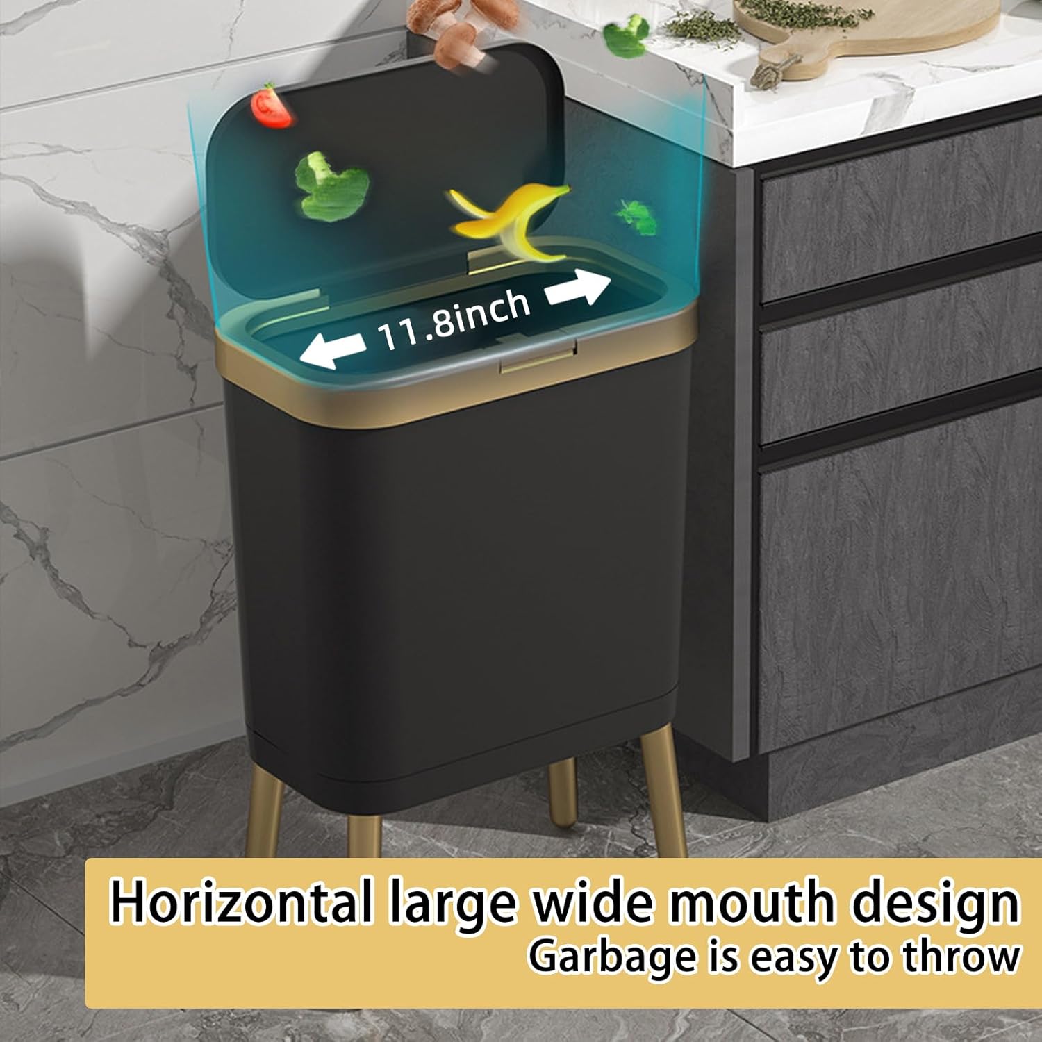 URALFA Basurero de cocina con tapa, bote de basura delgado negro con borde dorado, moderno cubo de basura de plástico para dormitorio, sala de