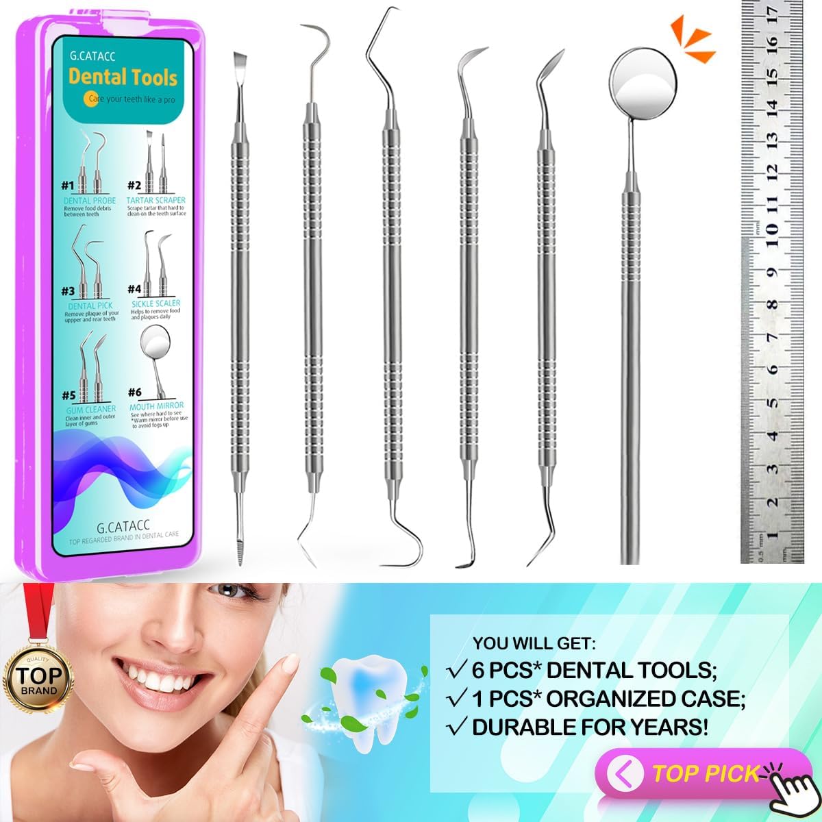 CATACC PRO Herramientas dentales, púa dental, kit de higiene dental, kit de herramientas de limpieza dental de acero inoxidable con raspador de