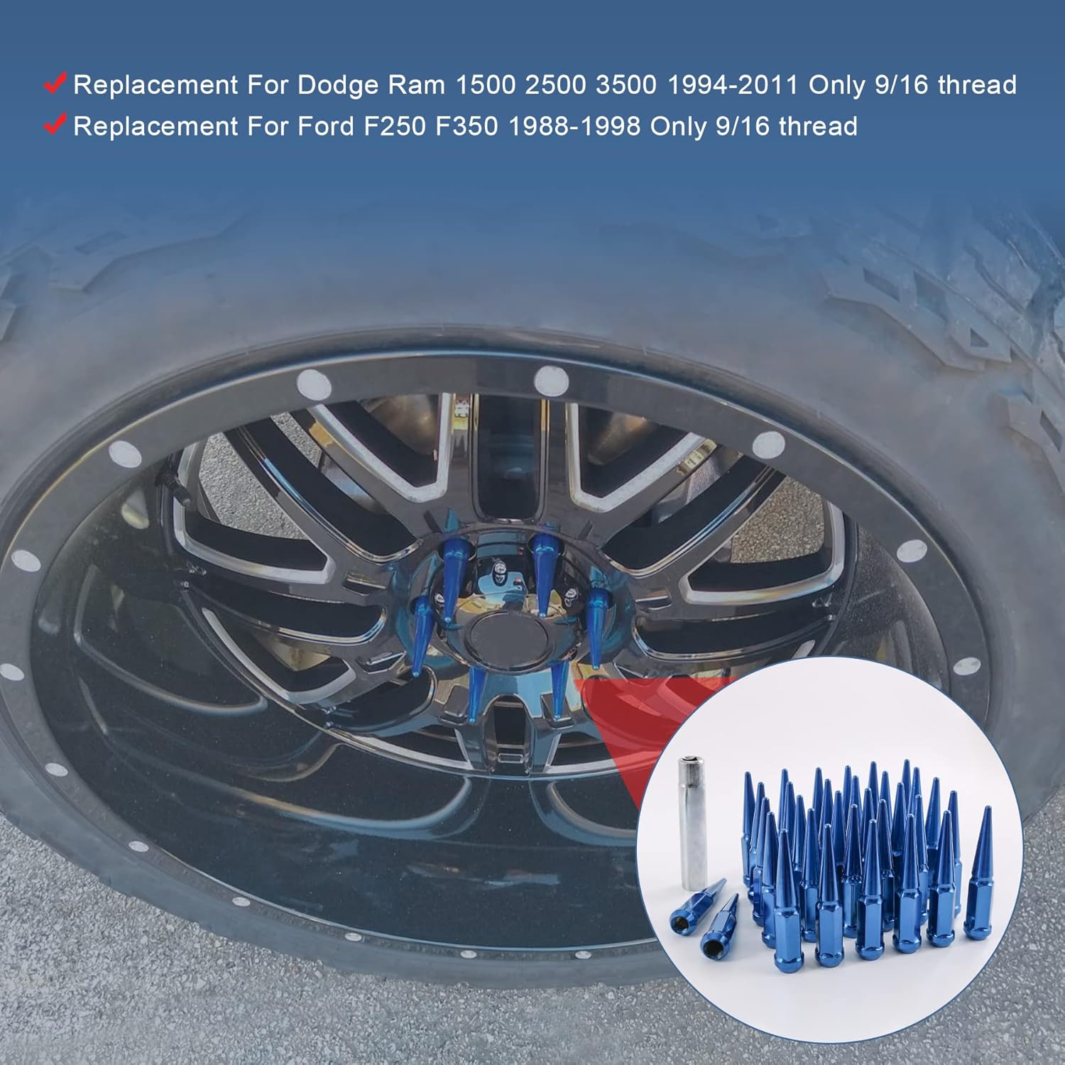 Tuercas Spike 916-18 32 piezas de asiento de cono azul con 1 llave de enchufe de repuesto para Dodge Ram 1500 2500 3500 1994-2011 Ford F250 F350
