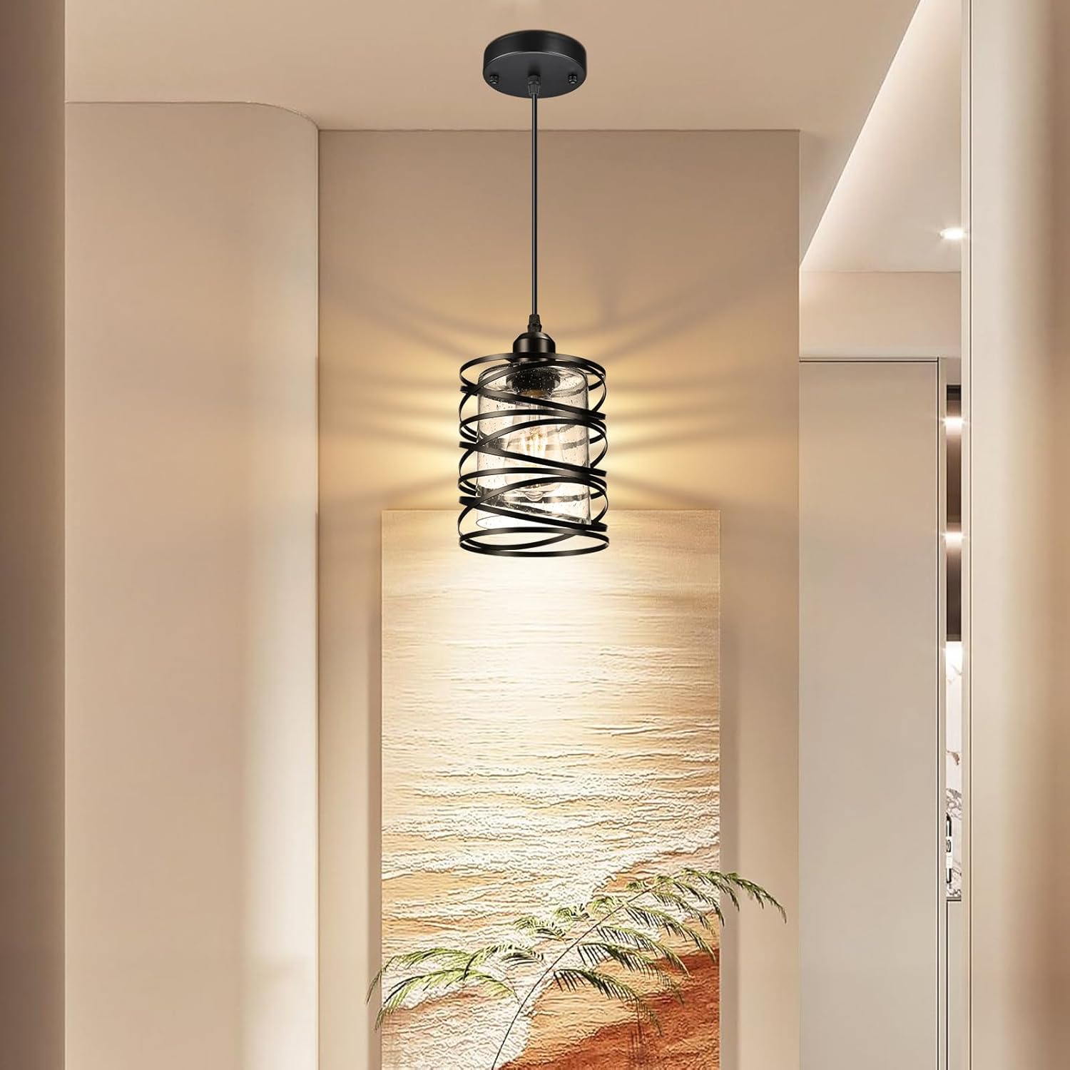 Paquete de 2 luces colgantes negras para decoración de isla de cocina, moderna lámpara colgante de vidrio sembrado sobre el fregadero, luces de
