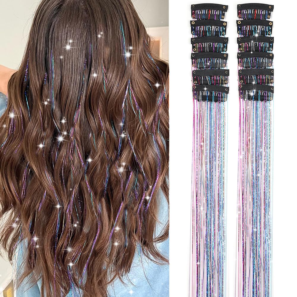 Paquete de 12 extensiones de cabello de oropel con clip de 20 pulgadas, extensiones de cabello de oropel con purpurina colorida para fiesta,