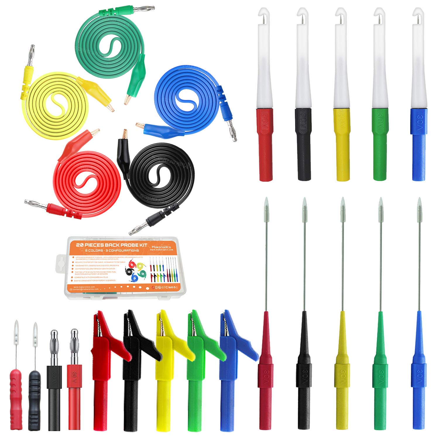 Kit de sonda trasera de 24 piezas, 5 perforadores de alambre con tapa, 5 pines de sonda trasera larga, 5 cables de prueba de circuito de clip de