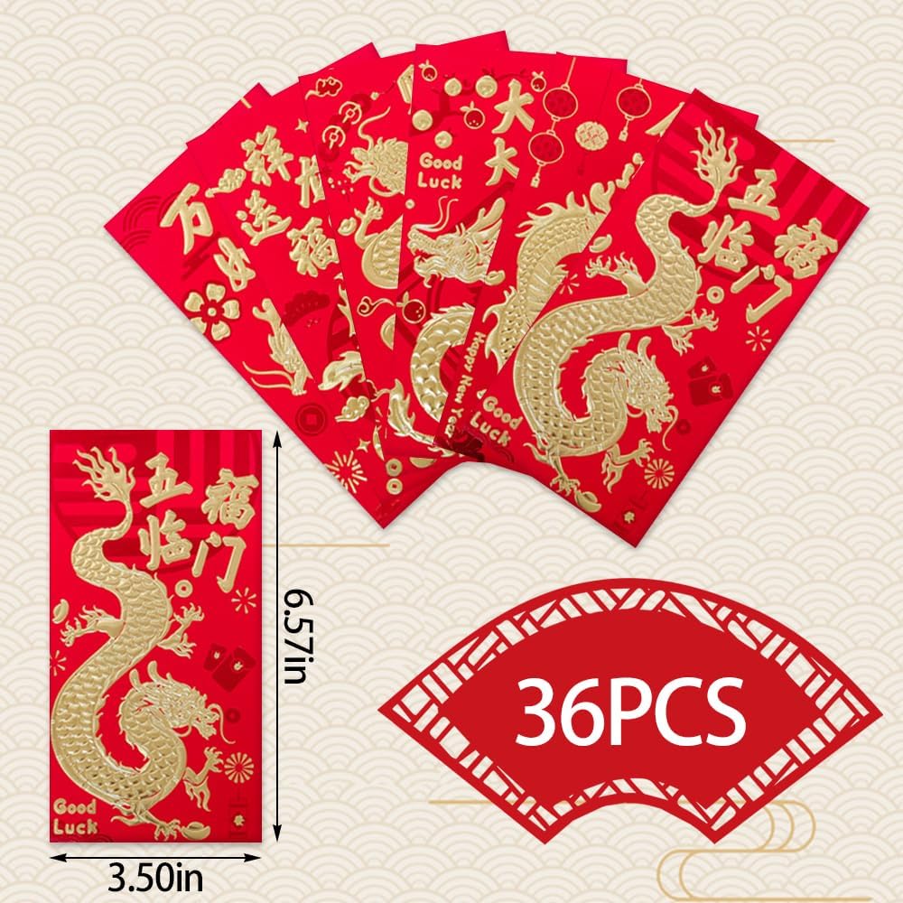 Hying 36 sobres chinos rojos chinos HongBao para tarjetas 2024, año nuevo chino, dragón, dinero de la suerte, bolsillos rojos para festival de