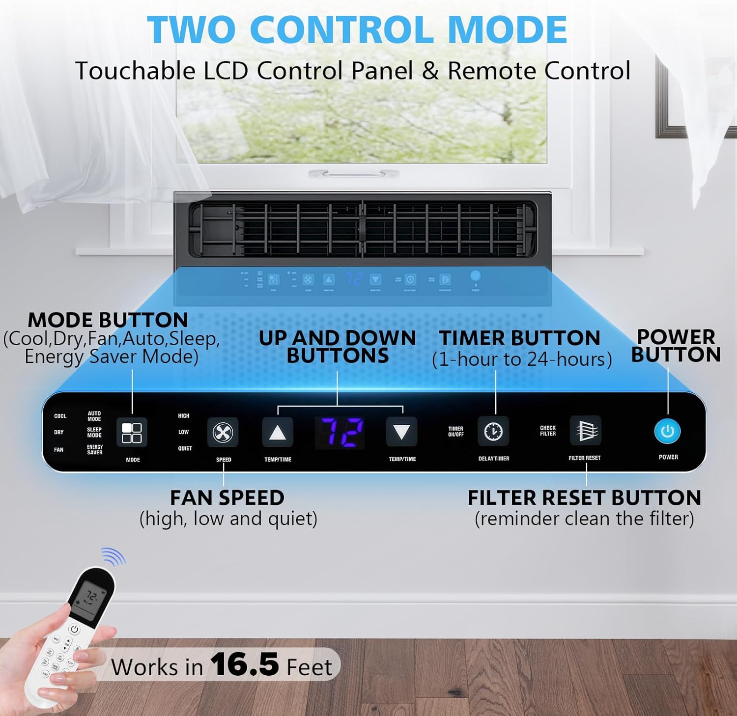 Joy Pebble Aire acondicionado de ventana de 12000 BTU, unidad de ventana de CA 3 en 1 para enfriar la habitación hasta 550 pies cuadrados,