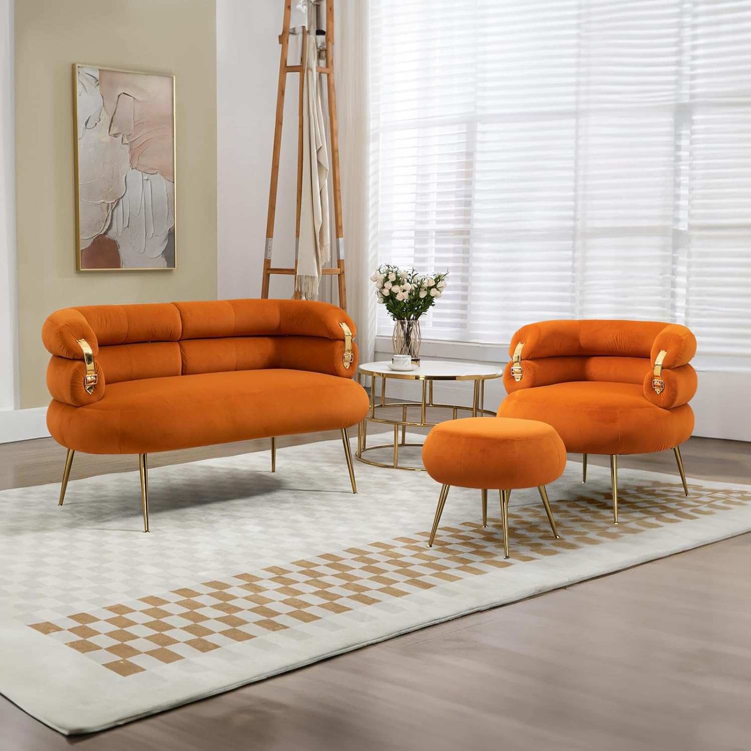 Antetek Silla decorativa moderna de terciopelo con otomana, sillón tapizado con elegante decoración dorada, cómoda silla de descanso para sala de