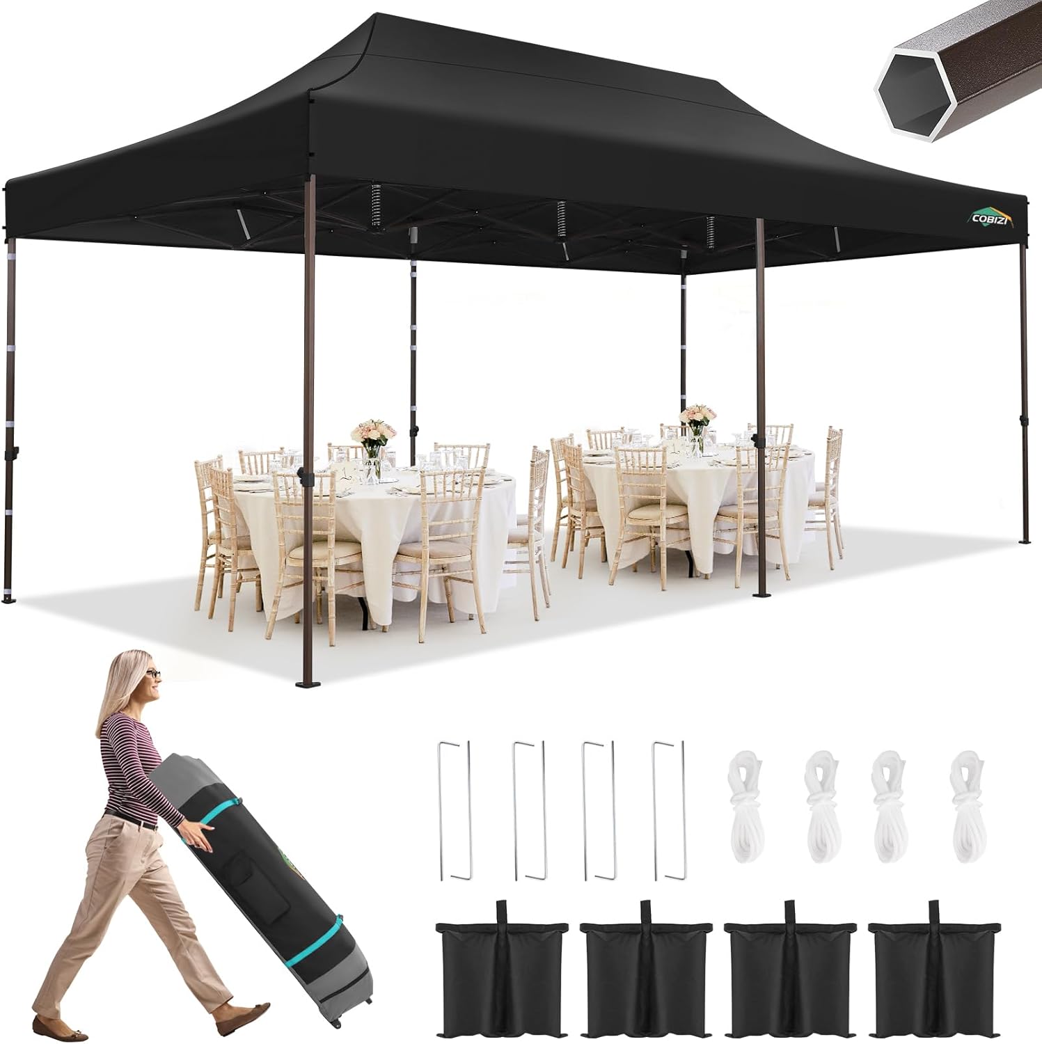 COBIZI Toldo desplegable de 10 x 20 pulgadas sin pared lateral, toldo comercial resistente al aire libre, tiendas de campaña para fiestas con bolsa