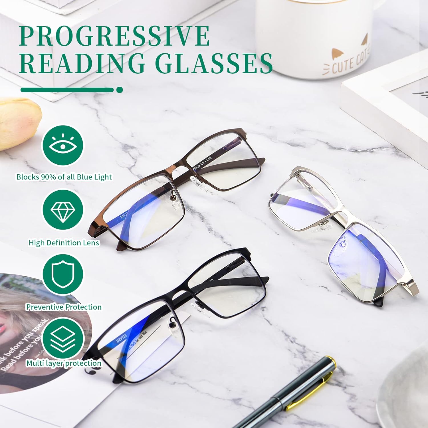 Gafas de lectura progresivas multienfoque para hombres y mujeres, de metal, medio marco de metal, bloqueo de luz azul, lectores multifocales