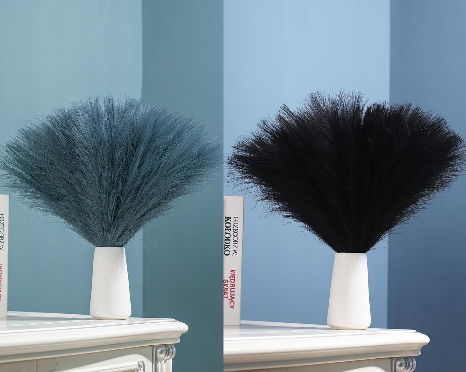 Decoración de hierba de pampa sintética negra y azul, hierba artificial de pampa, pequeña hierba de pampa, arreglo floral de pompas esponjosas