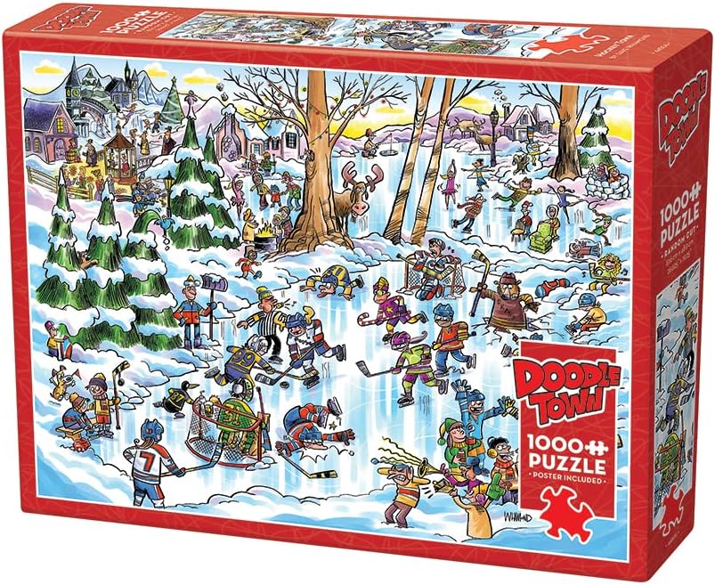 Cobble Hill – Rompecabezas de 1000 piezas, DoodleTown Hockey Town, póster de muestra incluido