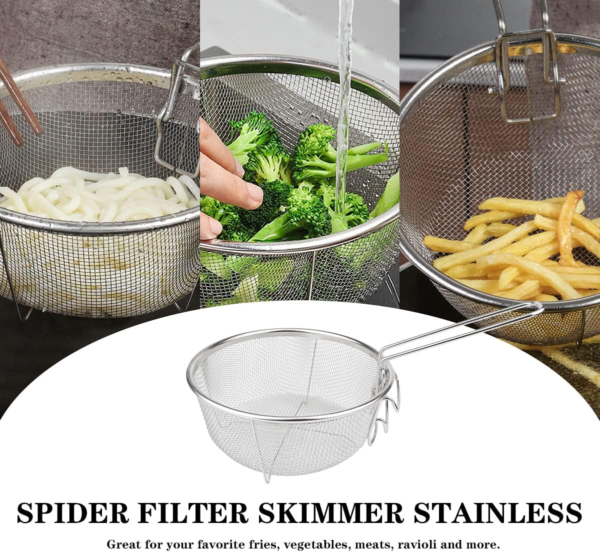 GYOTUU Cesta de acero inoxidable para freír, cesta redonda de malla de alambre para freír chips franceses, cesta multifuncional plegable con asas