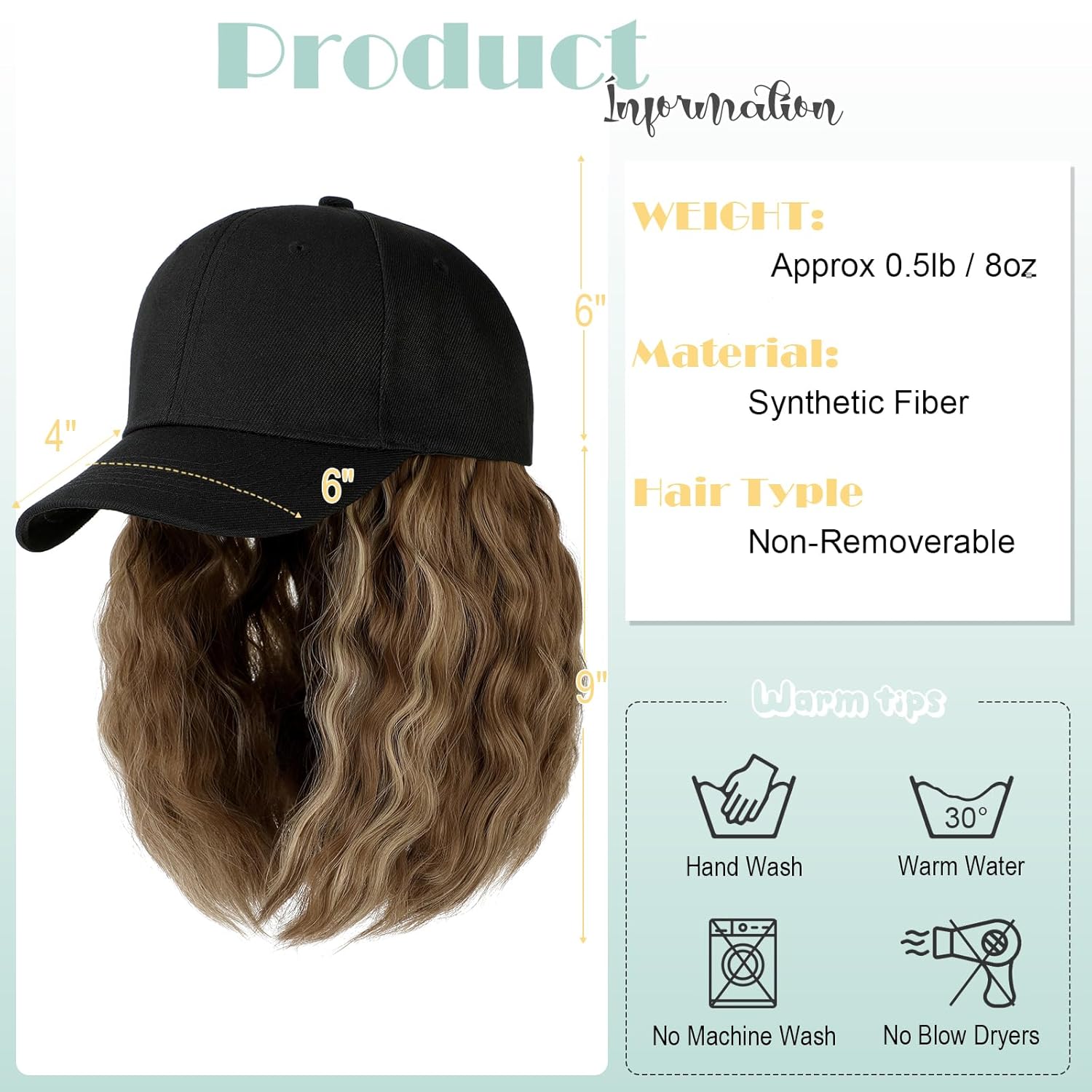 Peluca de gorra de béisbol para mujer, gorra de béisbol con extensiones de cabello, gorra ajustable adjunta de 15 pulgadas, peluca sintética corta y
