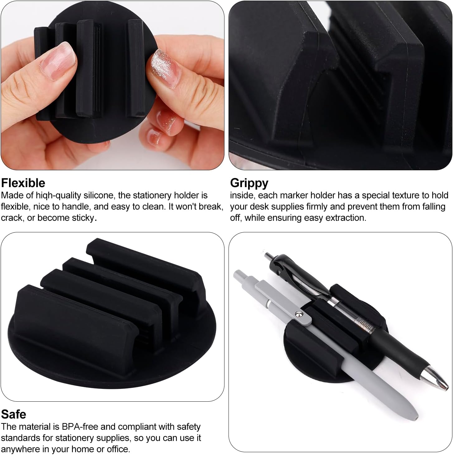 4 soportes adhesivos de silicona para bolígrafos, juego de clips para rotuladores para portapapeles de escritorio y otras superficies planas,