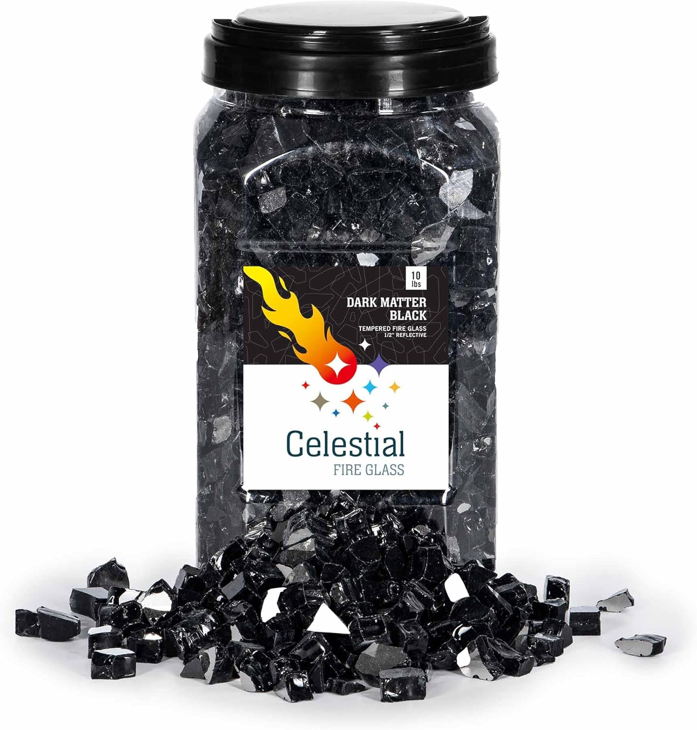 Vidrio para fuego templado reflectante de 12 pulgada con alto lustre en color Dark Matter Black (Negro Materia Oscura), en un frasco de 10 libras,