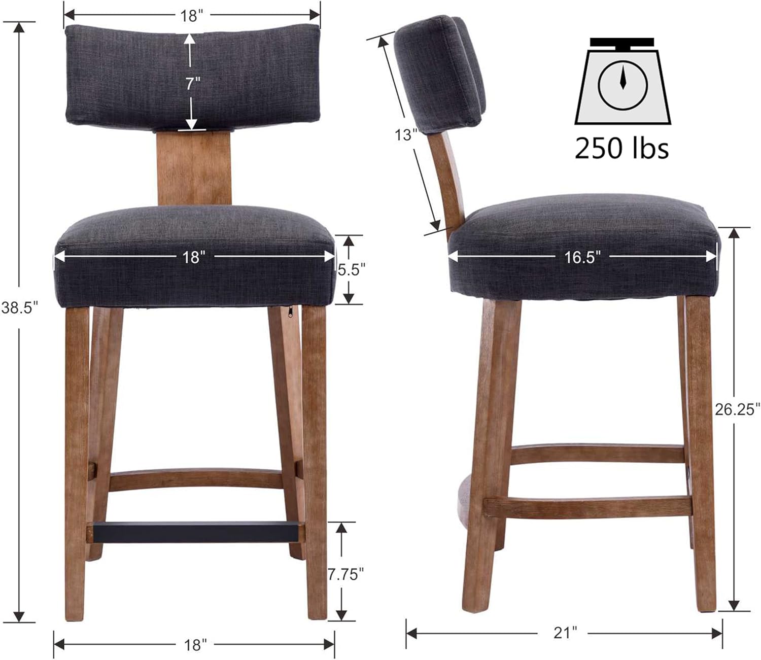 VESCASA Taburetes de bar de altura de mostrador con patas de madera natural, sillas tapizadas modernas de lino de 27 pulgadas de alto con reposapiés