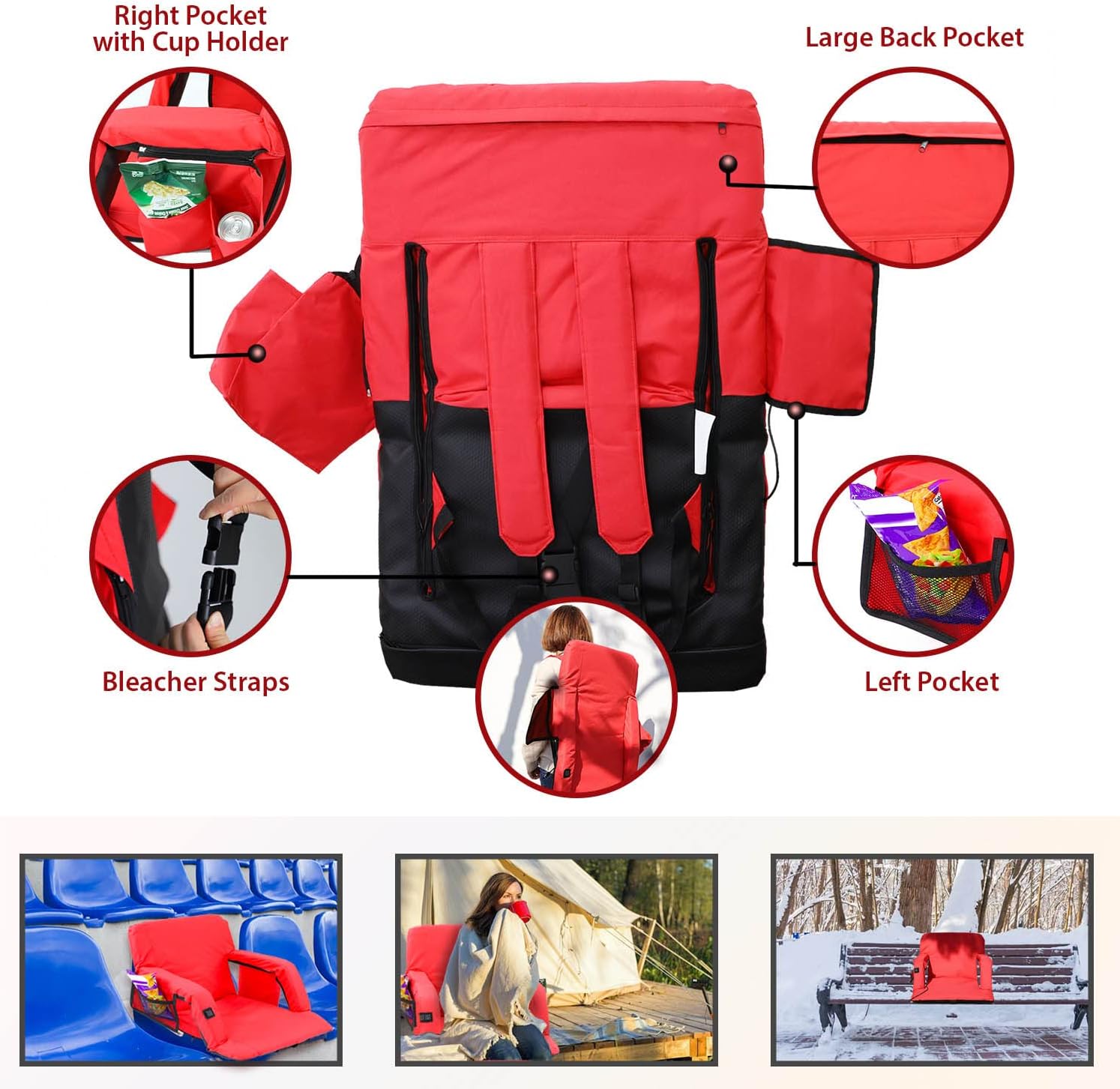 Xspec Asiento de estadio reclinable grande y ancho con reposabrazos, batería no incluida, silla plegable con soporte trasero y bolsillos, asiento