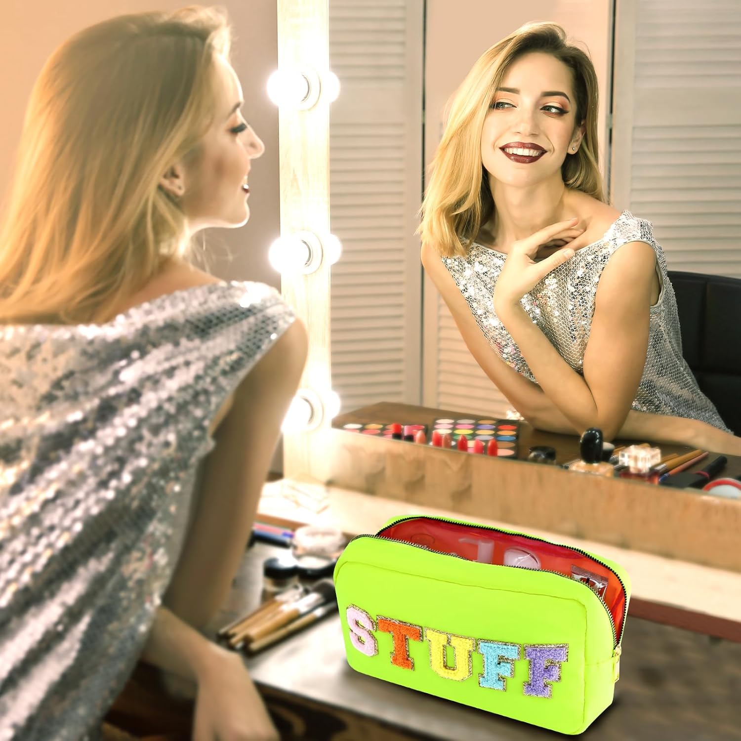 Bolsa transparente de chenilla para aperitivos, bolsa de viaje preppy para aperitivos, impermeable, plana, transparente, con cremallera, para