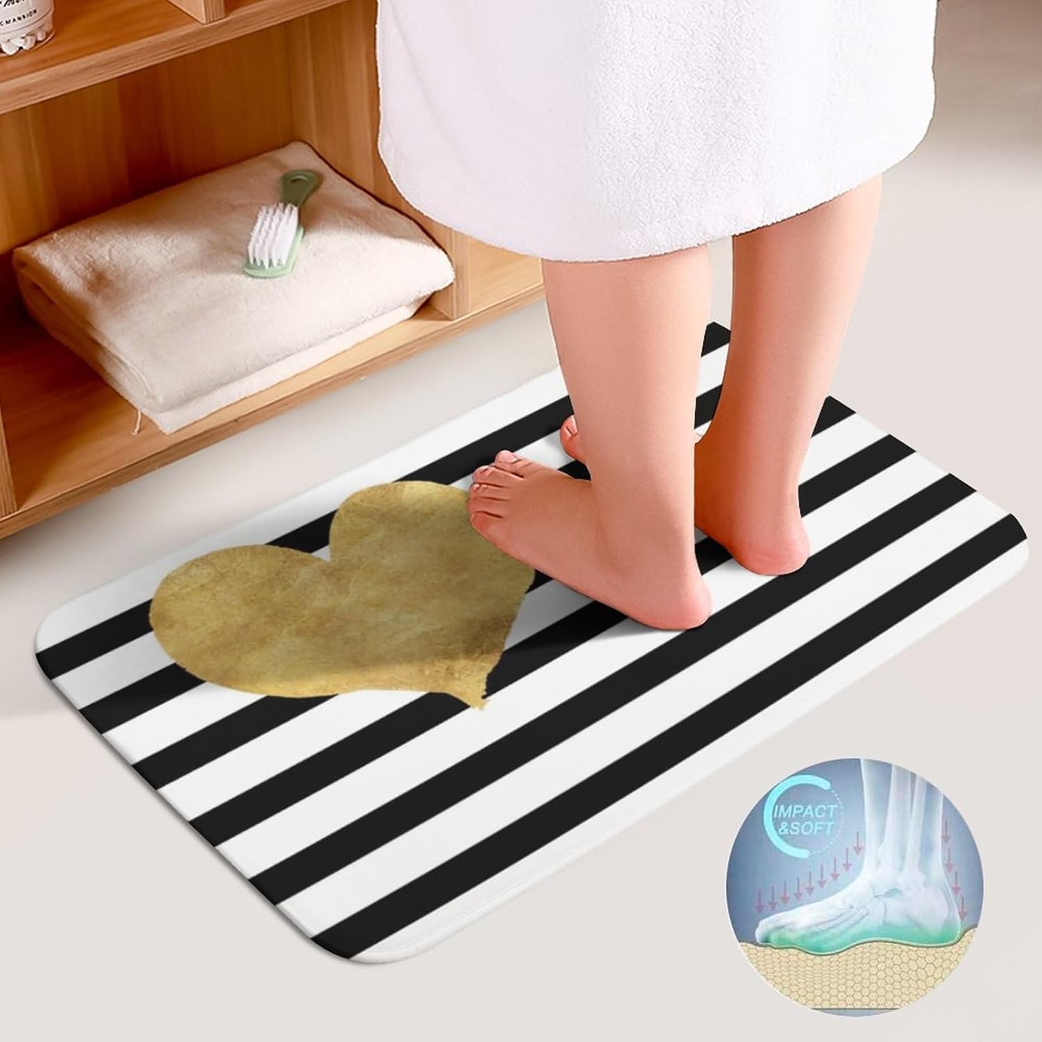 Juego de alfombras de baño de 3 piezas, ultra suaves y antideslizantes, a rayas blancas y negras con corazón dorado, alfombra de baño absorbente con